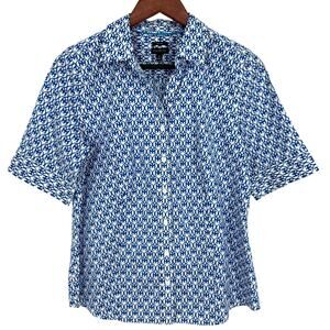 Talbots Womens Sz 8 Non Iron Short Sleeve Blue White Formal Blouse Shirt Top